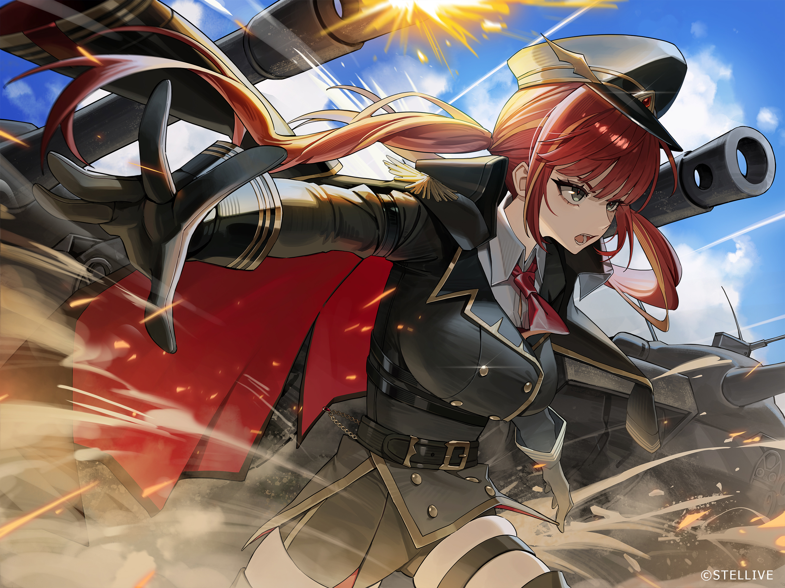 rhtkd, akane lize, stellive, world of tanks, highres, 1girl, black gloves, black jacket, black shorts, blonde hair, breasts, gloves, grey eyes, hat, jacket, large breasts, military hat, military uniform, multicolored hair, necktie, red hair, red necktie, shirt, short shorts, shorts, solo, thighs, two-tone hair, white shirt