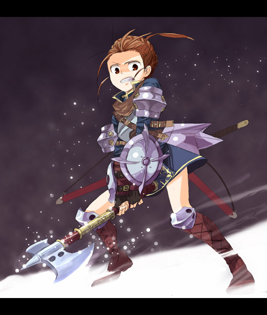 mitsumachi senji, swordsman (sekaiju), swordsman 4 (sekaiju), atlus, etrian odyssey, 1girl, armor, armored dress, axe, brown hair, dress, letterboxed, purple background, shield, sword, weapon