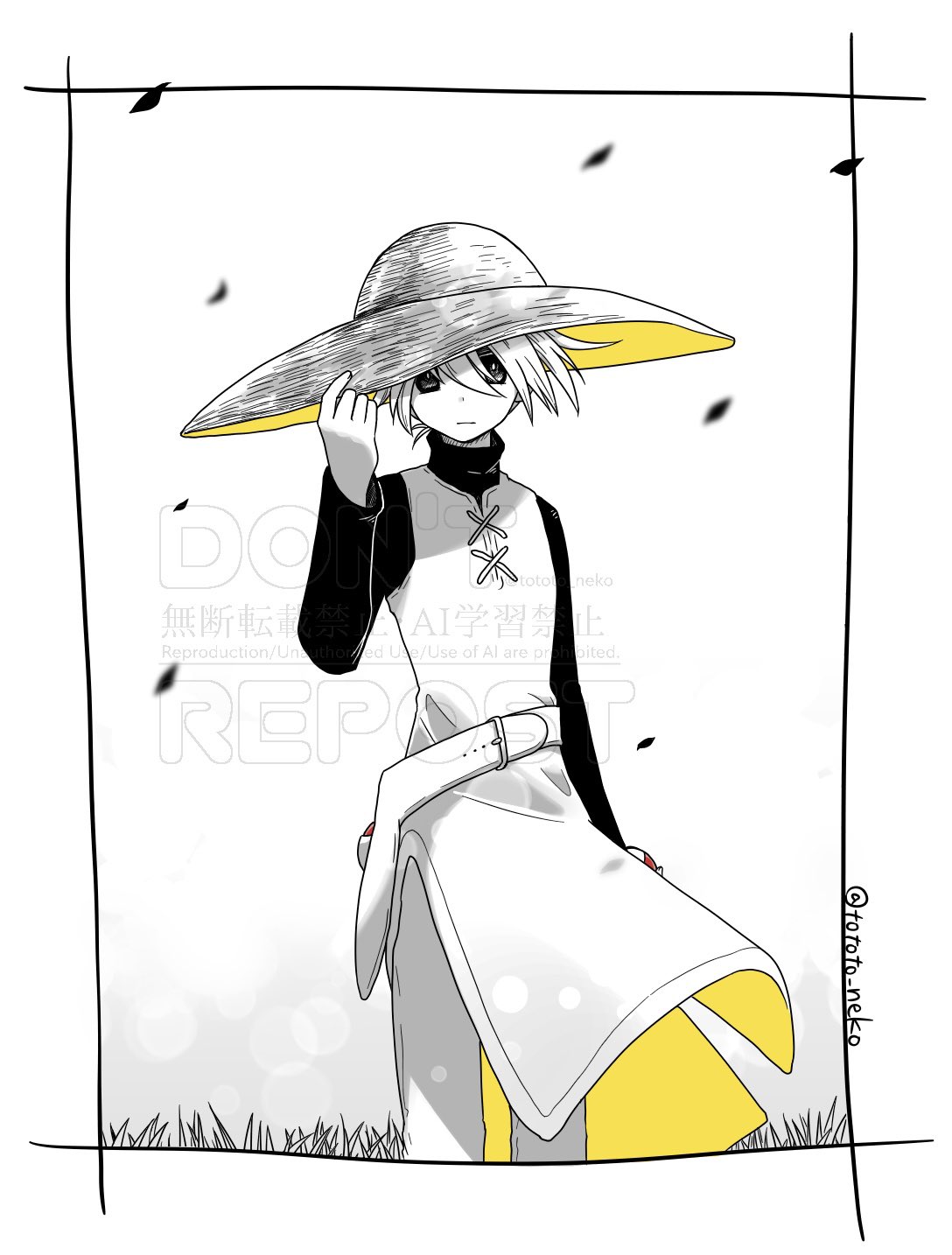 tototo neko, yellow (pokemon), nintendo, pokemon, pokemon adventures, highres, 1girl, belt, closed mouth, greyscale, hat, long sleeves, looking at viewer, monochrome, poke ball, poke ball (basic), short hair, solo, spot color, tunic, turtleneck, twitter username, waist poke ball