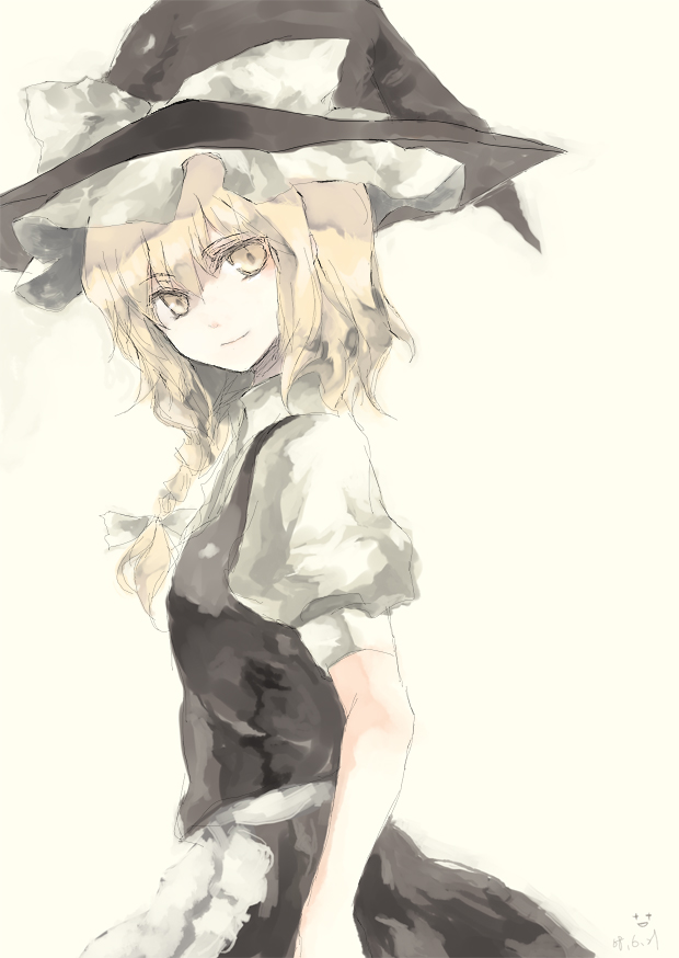 fori, kirisame marisa, touhou, 1girl, blonde hair, braid, female focus, hat, skirt, solo, white background, witch, witch hat, yellow eyes