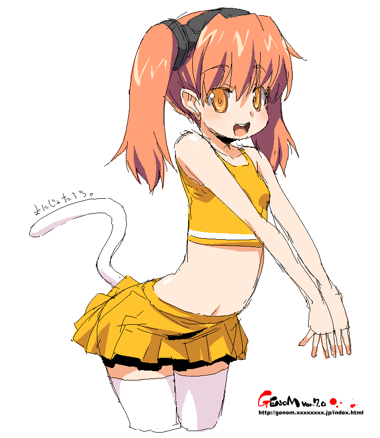onija tarou, cat tail, flat chest, hairband, midriff, miniskirt, oekaki, orange hair, skirt, sleeveless, smile, solo, tail, tank top, thighhighs, twintails, yellow eyes, zettai ryouiki