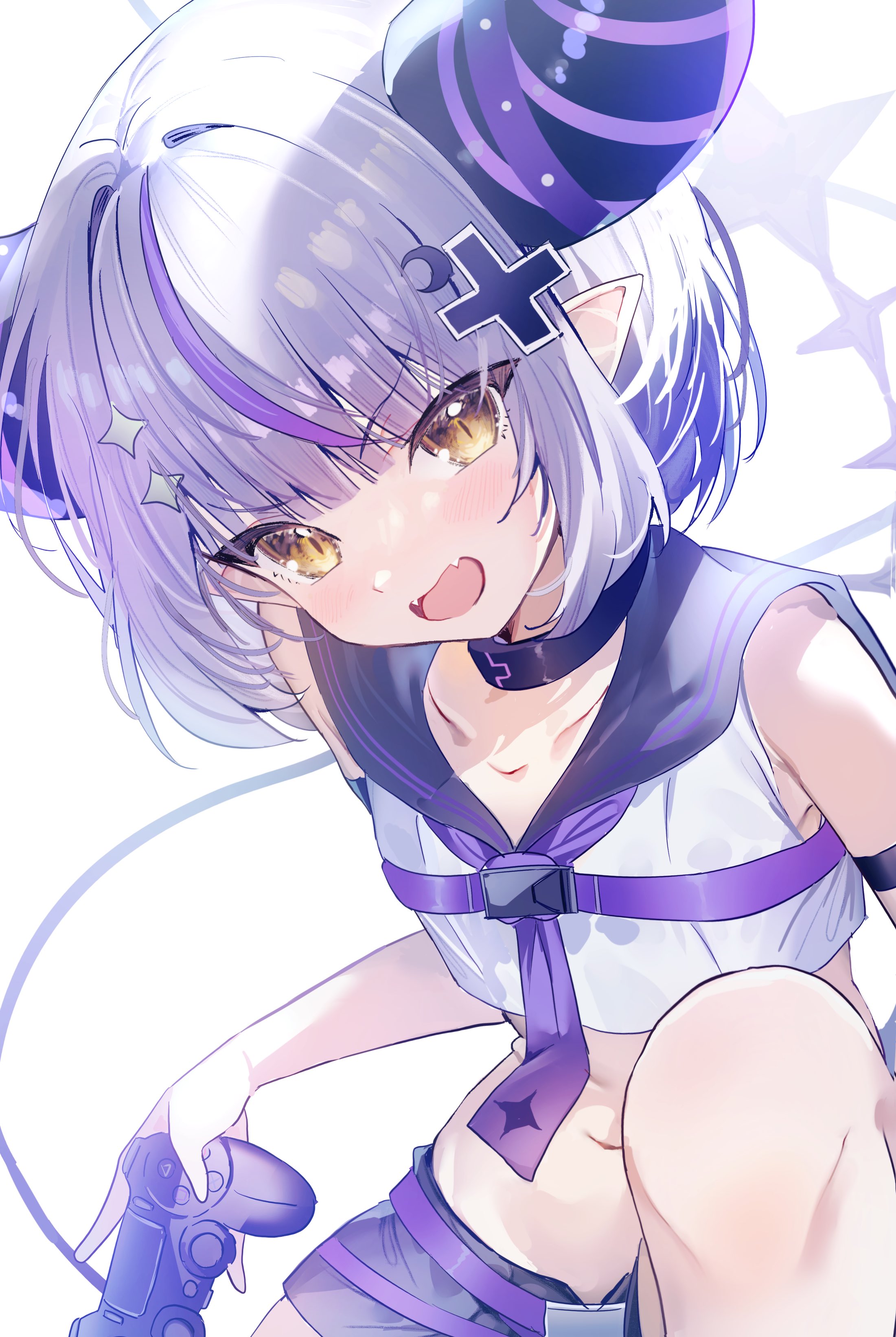 wasemkn, la+ darknesss, hololive, absurdres, highres, 1girl, arm strap, black pants, cable, collar, collarbone, controller, cowboy shot, crescent, crescent hair ornament, crop top, demon horns, fangs, hair intakes, hair ornament, holding, holding controller, horns, light blush, looking at viewer, metal collar, multicolored hair, multicolored horns, navel, open mouth, pants, plus sign, pointy ears, purple streaks, sailor collar, shirt, short hair, short shorts, shorts, sidelocks, skin fangs, sleeveless, sleeveless shirt, slit pupils, solo, star (symbol), star hair ornament, stomach, streaked hair, striped horns, tail, virtual youtuber, white hair, white shirt, yellow eyes