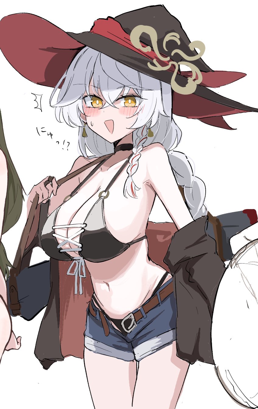 bone hiko, eri (blue archive), blue archive, highres, alternate costume, bikini, bikini under shorts, black bikini, black choker, braid, braided ponytail, breasts, bright pupils, brown halo, choker, criss-cross straps, halo, hat, jewelry, large breasts, long hair, o-ring, o-ring bikini, open clothes, open shorts, shorts, side braid, swimsuit, tilted halo, white pupils, witch hat, yellow eyes