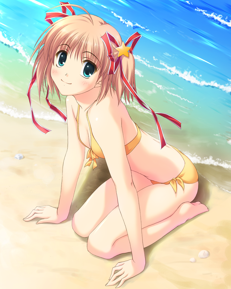 hinata nao, kamikita komari, little busters!, bad id, bad pixiv id, 1girl, ahoge, aqua eyes, arm support, barefoot, beach, bikini, breasts, brown hair, cleavage, day, female focus, front-tie top, hair ribbon, kneeling, leaning forward, looking at viewer, orange bikini, outdoors, ribbon, short hair, side-tie bikini bottom, sitting, small breasts, smile, solo, swimsuit, twintails, wariza, water