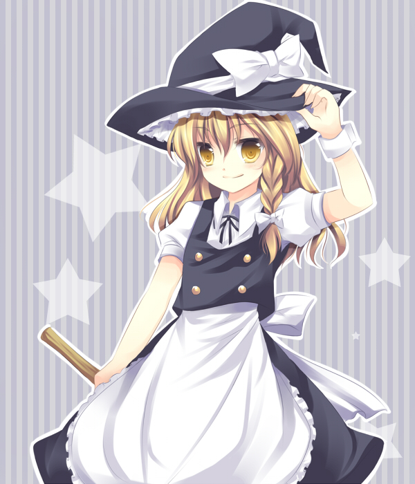 takase kanan, kirisame marisa, touhou, 1girl, blonde hair, braid, female focus, hair ribbon, hand on headwear, hat, long hair, ribbon, skirt, solo, witch, witch hat, yellow eyes