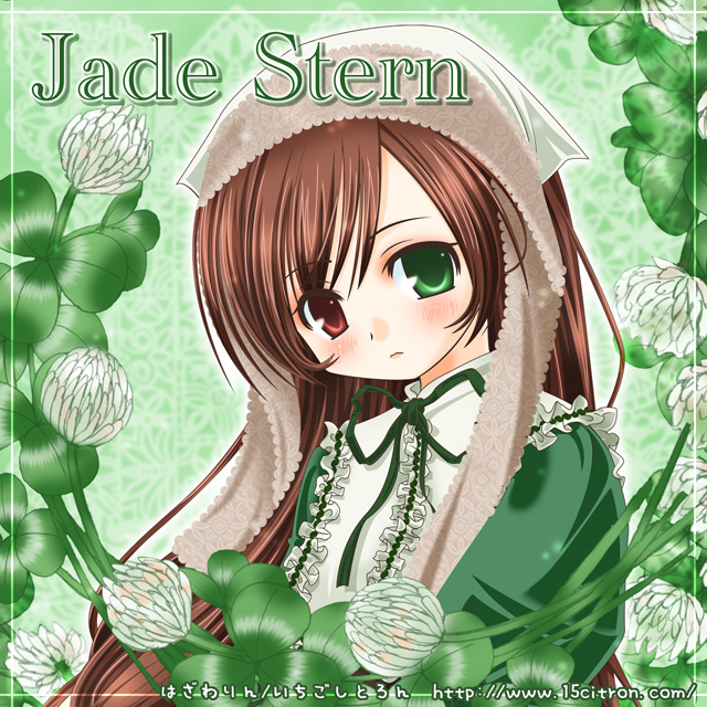 15citron, suiseiseki, rozen maiden, 00s, 1girl, brown hair, clover, clover (flower), dress, female focus, flower, frills, headscarf, heterochromia, long hair, solo, upper body, watermark, web address, white headscarf