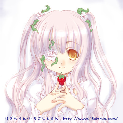 15citron, kirakishou, rozen maiden, lowres, non-web source, 00s, 1girl, eyepatch, female focus, flower, food, fruit, holding, holding food, holding fruit, long hair, rose, solo, strawberry, twintails, very long hair, white flower, white rose