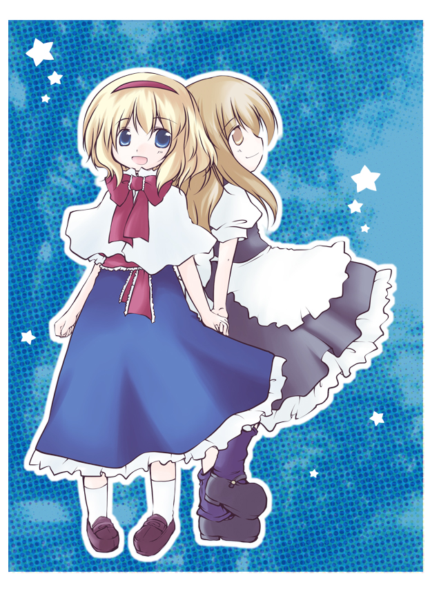 futami yayoi, alice margatroid, kirisame marisa, touhou, 2girls, blonde hair, blue eyes, dress, female focus, full body, hairband, halftone, halftone background, holding hands, multiple girls, shoes, socks, yellow eyes