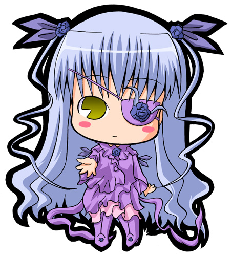 suntail, barasuishou, rozen maiden, lowres, non-web source, 00s, blue hair, chibi, dress, eyepatch, frills, long hair, pac-man eyes, solo, very long hair, yellow eyes