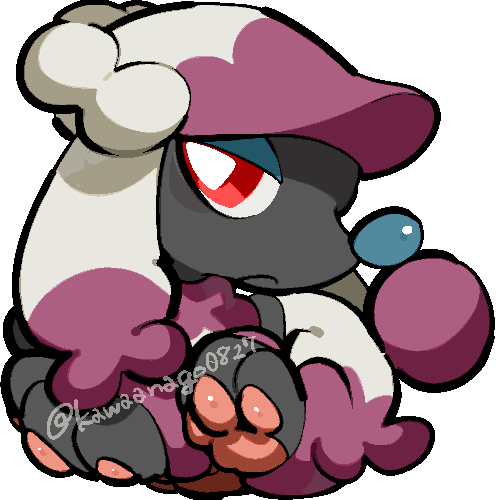 kawaanago, furfrou, furfrou (matron), nintendo, pokemon, commentary request, lowres, animal focus, bright pupils, chibi, chibi only, closed mouth, full body, gen 6 pokemon, no humans, pokemon (creature), pokemon focus, red eyes, solo, transparent background, twitter username, white pupils
