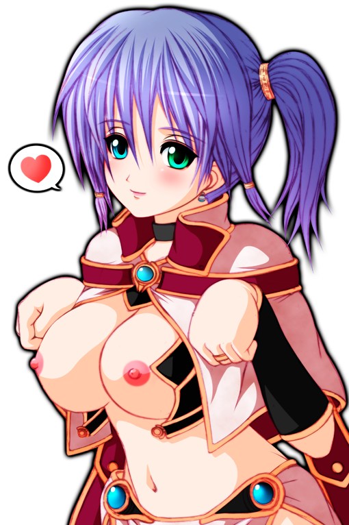 bad id, bad pixiv id, 1girl, aqua eyes, blue hair, blush, breasts, collar, earrings, female focus, heart, jewelry, large breasts, nipples, open clothes, open shirt, ring, shirt, short hair, solo, spoken heart