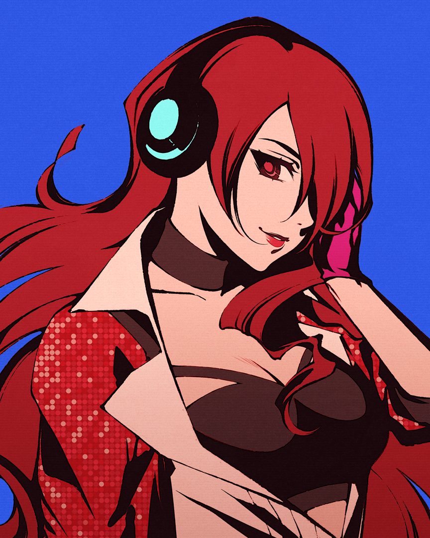moshimoshibe, kirijou mitsuru, persona, persona 3, persona 3: dancing moon night, persona dancing, commentary, english commentary, 1girl, alternate costume, black choker, blue background, breasts, choker, cleavage, gloves, hair between eyes, hair over one eye, headphones, jacket, large breasts, long hair, looking at viewer, official alternate costume, open clothes, open jacket, open shirt, pink gloves, red eyes, red hair, red jacket, red lips, shirt, simple background, smile, solo, white shirt