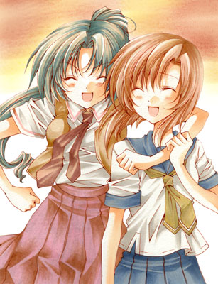 ryuuguu rena, sonozaki mion, higurashi no naku koro ni, lowres, non-web source, 00s, closed eyes, school uniform, serafuku