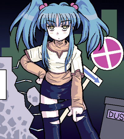 ebi tendon, hoshino ruri, kidou senkan nadesico, lowres, 1girl, black thighhighs, blush, expressionless, female focus, hair ornament, hand on own hip, long sleeves, looking at viewer, looking back, oekaki, single thighhigh, solo, sphere hair ornament, sweater, thigh strap, thighhighs, twintails, yellow eyes