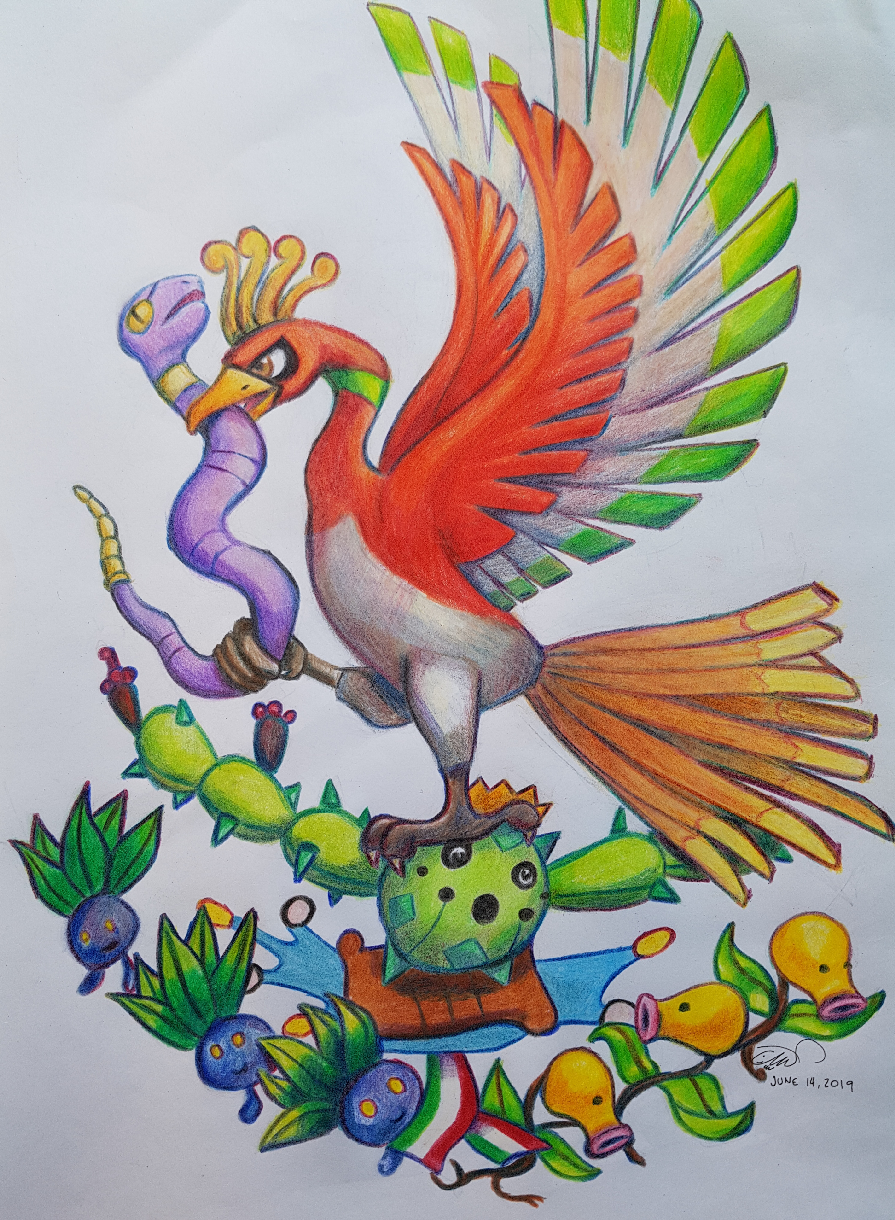 bellsprout, cacnea, ekans, ho-oh, oddish, nintendo, pokemon, colored pencil (medium), commentary, highres, traditional media, bird, brown eyes, dated, gen 1 pokemon, gen 2 pokemon, gen 3 pokemon, jorge monterrubio, leaf, legendary pokemon, mexican flag, pokemon (creature), pokemon focus, signature, simple background, snake, standing, standing on one leg, white background