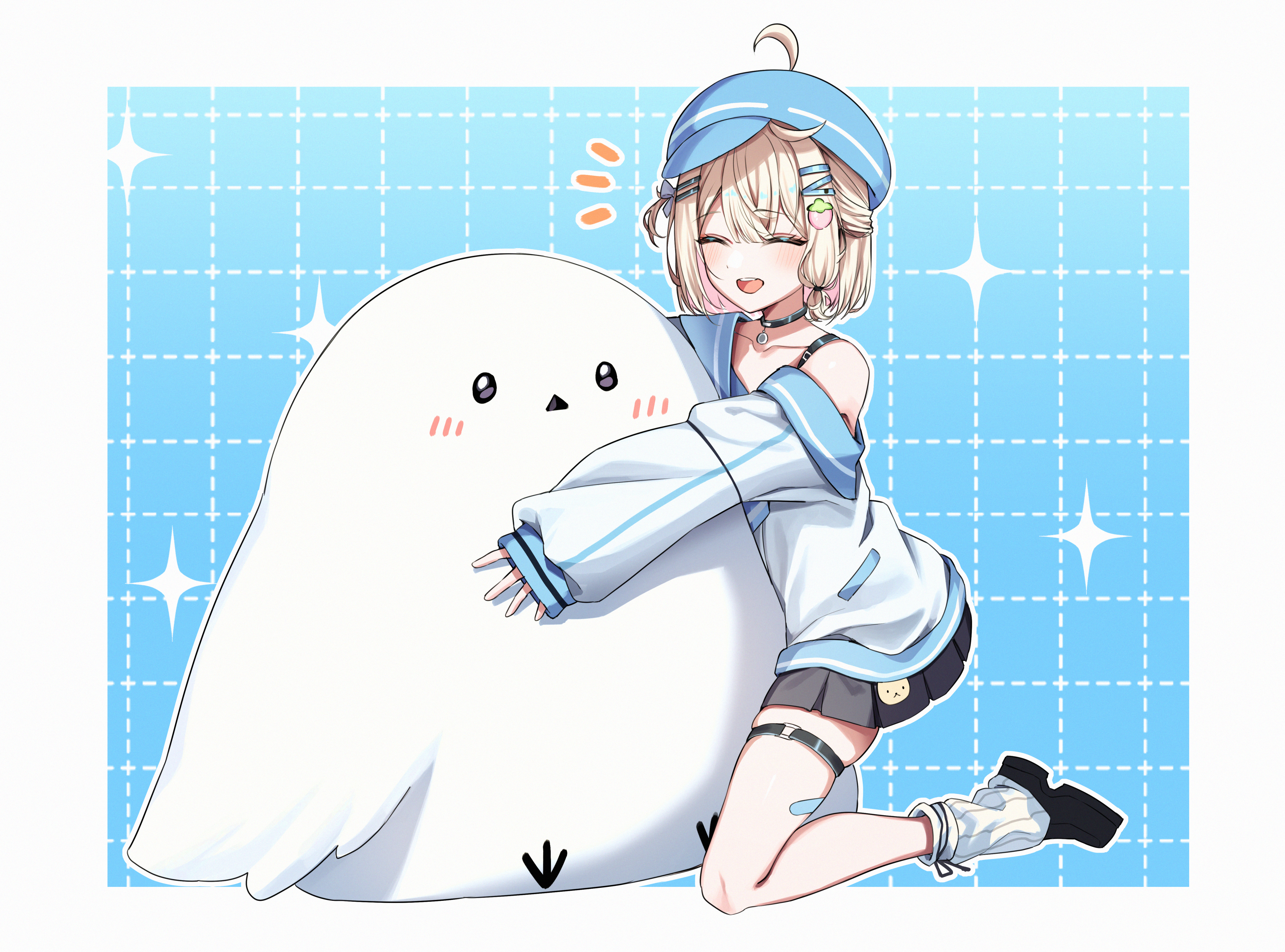 jinggun, indie virtual youtuber, absurdres, check copyright, copyright request, highres, 1girl, ahoge, animal, animal hug, baby animal, bandaid, bandaid on leg, bird, black choker, black jacket, black shoes, black skirt, blonde hair, blue background, blue hat, blue jacket, blush, chick, choker, closed eyes, collarbone, food-themed hair ornament, hair between eyes, hair ornament, hairpin, hat, hug, jacket, kneeling, long sleeves, medium hair, miniskirt, multicolored jacket, multiple hairpins, open mouth, shoes, simple background, single bare shoulder, skirt, strawberry hair ornament, teeth, thigh strap, thighs, upper teeth only, virtual youtuber, white background, white jacket