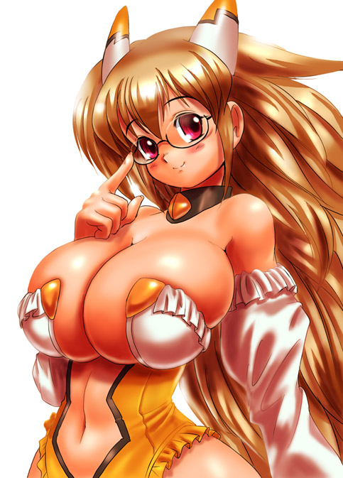 gox, moriichi, diol twee, otomedius, 1girl, adjusting eyewear, blush, breasts, brown hair, cleavage, cleavage cutout, clothing cutout, detached sleeves, female focus, glasses, huge breasts, leotard, long hair, looking at viewer, red eyes, revealing clothes, robot ears, simple background, smile, solo, white background, wide hips