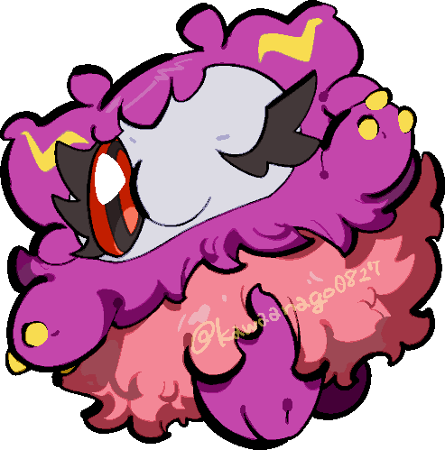 kawaanago, aromatisse, nintendo, pokemon, commentary request, lowres, black eyes, chibi, chibi only, colored sclera, eyelashes, full body, gen 6 pokemon, no humans, one eye closed, pokemon (creature), pokemon focus, red pupils, red sclera, solo, transparent background, twitter username