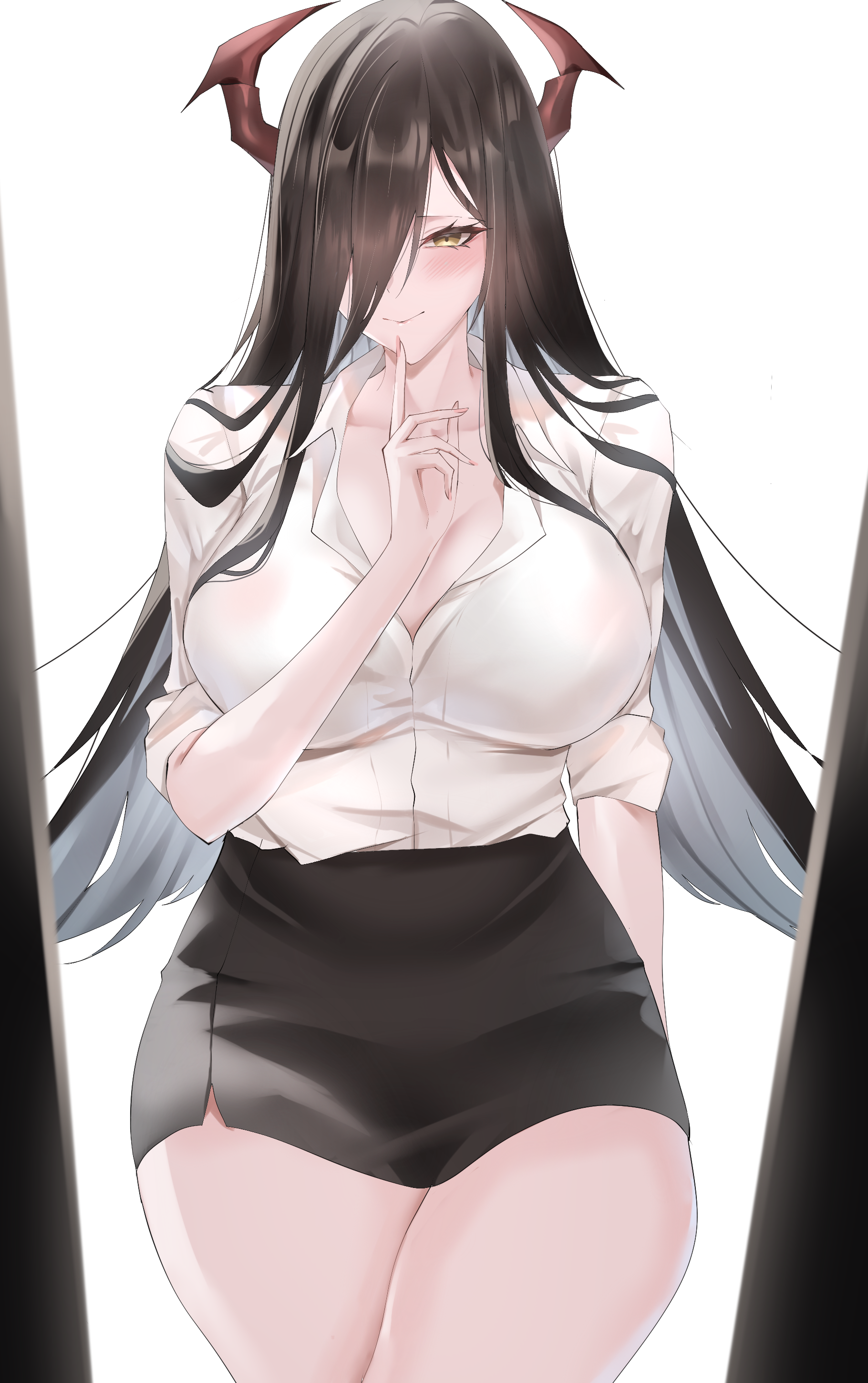 kuro artis (kuru-kuru), friedrich der grosse (azur lane), azur lane, absurdres, commentary, english commentary, highres, 1girl, blush, breasts, cleavage, hair over one eye, large breasts, long hair, looking at viewer, looking back, office lady, one eye covered, shirt, skirt, smile, thighs, white shirt