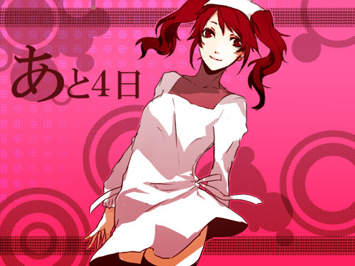 arisaka ako, kujikawa rise, atlus, persona, persona 4, lowres, 1girl, apron, female focus, headscarf, kappougi, red hair, solo, twintails, white headscarf