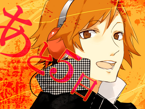 arisaka ako, hanamura yousuke, atlus, persona, persona 4, lowres, brown hair, headphones, male focus, solo