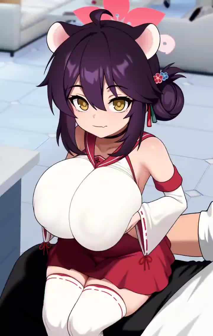 grimgrim, kaede (blue archive), blue archive, animated, tagme, video, 1boy, 1girl, alternate breast size (larger), animal ears, black hair, breast lift, breasts, choker, clothing cutout, collarbone, covered erect nipples, detached sleeves, hair between eyes, hair bun, hair ornament, halo, hip vent, huge breasts, indoors, japanese clothes, looking at viewer, medium hair, miko, nontraditional miko, sailor collar, seiza, shortstack, sidelocks, sitting, sitting on lap, sitting on person, skirt, thighhighs, thighs, wide sleeves, yellow eyes