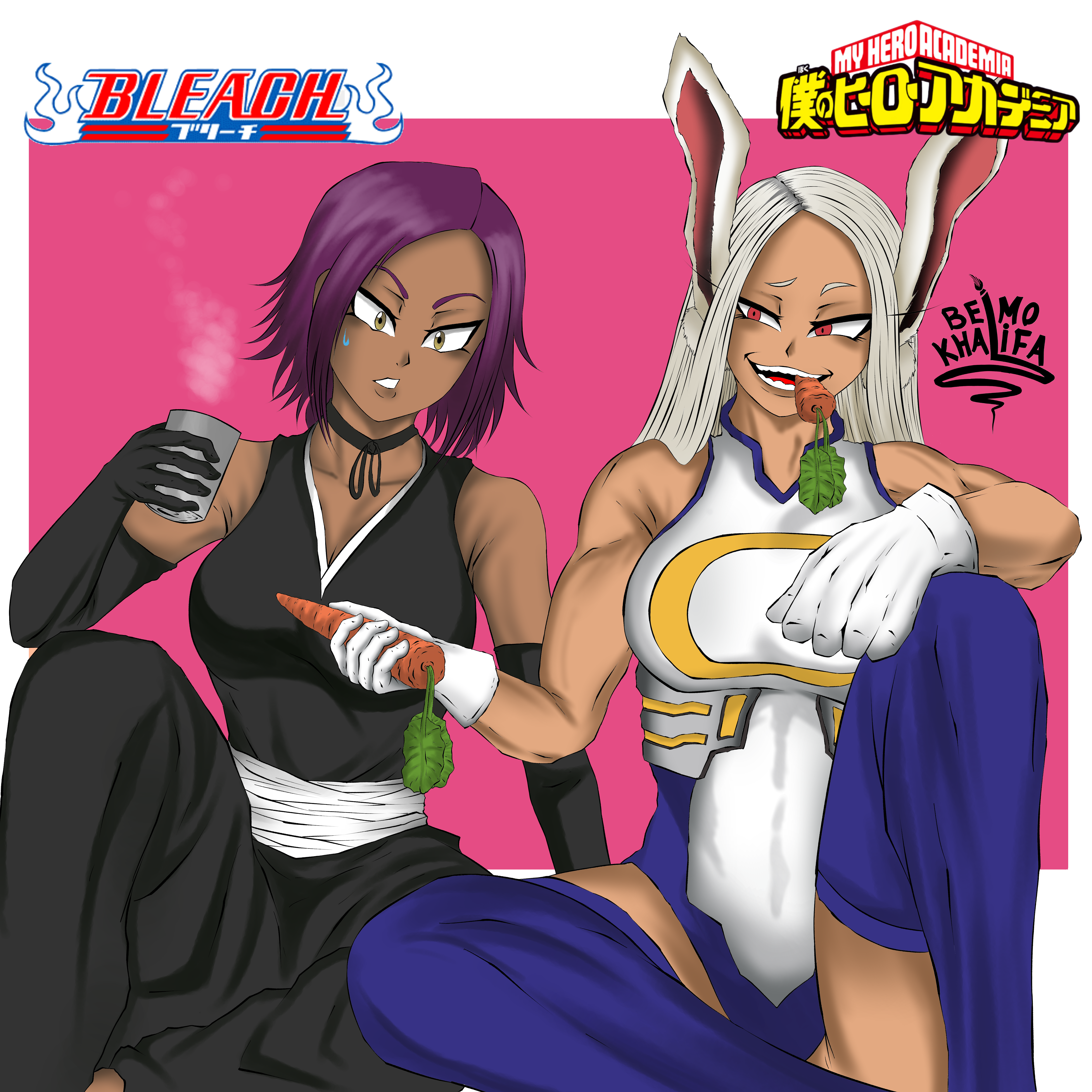 belmo khalifa, mirko, shihouin yoruichi, bleach, boku no hero academia, absurdres, highres, 2girls, alcohol, artist name, bare shoulders, breasts, carrot, choker, collarbone, copyright name, crossover, dark-skinned female, dark skin, elbow gloves, gloves, large breasts, medium hair, multiple girls, offering food, purple hair, rabbit ears, red eyes, sake, shihakusho, sitting, thighhighs, thighs, white gloves, white hair, yellow eyes