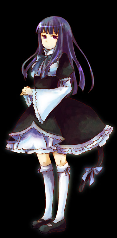 buzz (moi), frederica bernkastel, umineko no naku koro ni, bad id, bad pixiv id, 00s, cat tail, dress, frills, goth fashion, kneehighs, long hair, mary janes, pink eyes, purple eyes, purple hair, ribbon, serious, shoes, socks, solo, tail, tail ornament, tail ribbon