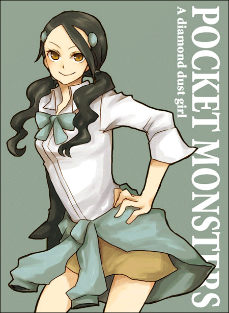 buzz (moi), candice (pokemon), nintendo, pokemon, pokemon dppt, bad id, bad pixiv id, 00s, 1girl, black hair, brown eyes, clothes around waist, copyright name, female focus, gym leader, hair ornament, hairclip, smile, solo, sweater, sweater around waist, twintails