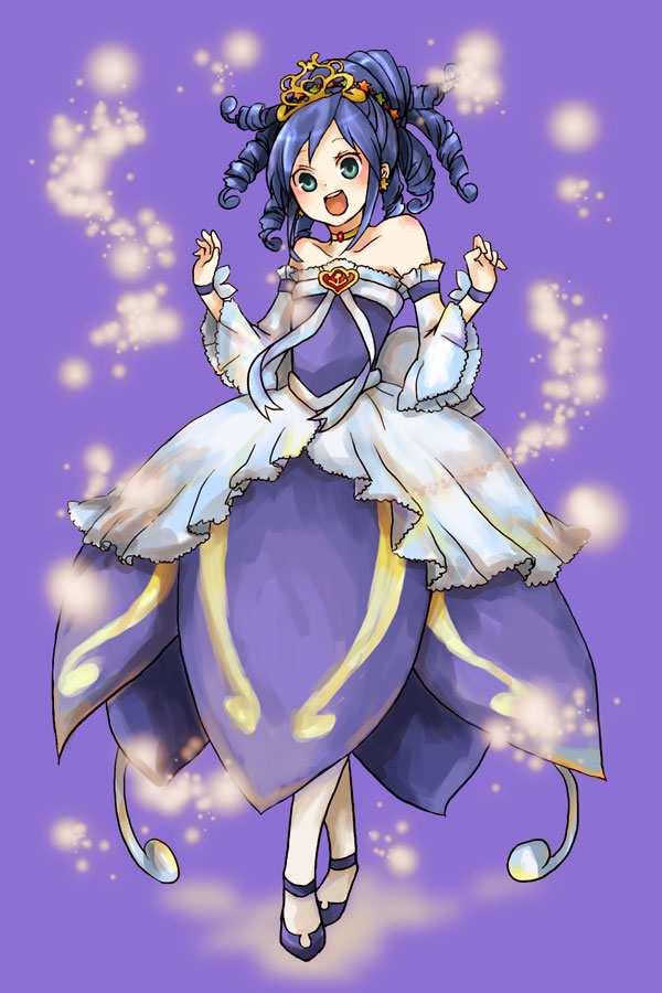 buzz (moi), ange serena, alfa system, tales of (series), tales of innocence, bad id, bad pixiv id, 1girl, alternate costume, aqua eyes, bare shoulders, blue hair, crown, curly hair, detached sleeves, dress, drill hair, female focus, happy, hat, pantyhose, purple background, purple dress, purple theme, short hair, solo, white pantyhose