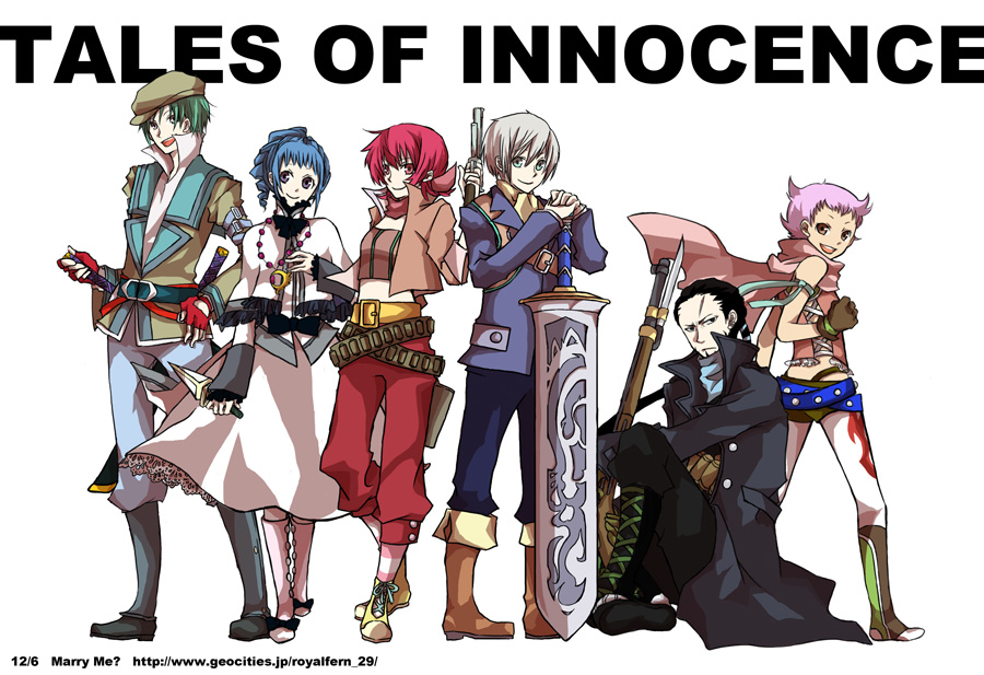 buzz (moi), ange serena, hermana larmo, iria animi, ricardo soldato, ruca milda, spada belforma, alfa system, tales of (series), tales of innocence, 3boys, 3girls, belt, black hair, blue hair, boots, copyright name, dress, green hair, gun, hat, huge weapon, jacket, knee boots, lineup, long hair, multiple boys, multiple girls, pants, ponytail, purple hair, red hair, rifle, scarf, short hair, sitting, sword, weapon, white background, white dress, white hair