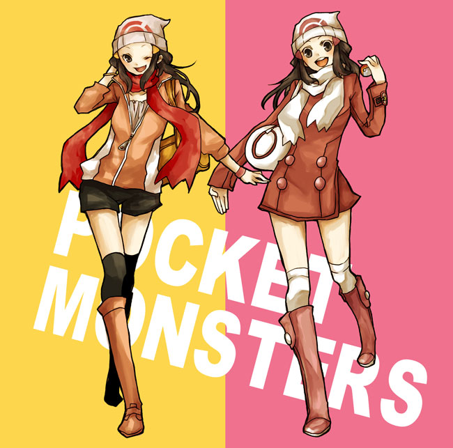buzz (moi), dawn (pokemon), dawn (pokemon platinum), nintendo, pokemon, pokemon (anime), pokemon dppt, 00s, 2girls, alternate costume, beanie, black hair, boots, coat, comparison, copyright name, dual persona, female focus, hat, holding, holding poke ball, kneehighs, legs, long hair, multiple girls, one eye closed, open mouth, pink background, pink boots, poke ball, poke ball (basic), red scarf, scarf, shorts, smile, socks, standing, thighhighs, two-tone background, white scarf, wink, winter clothes, winter coat, yellow background