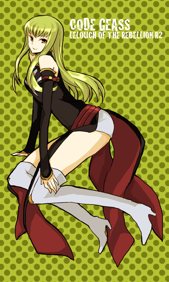 buzz (moi), c.c., code geass, bad id, bad pixiv id, 00s, boots, brown eyes, detached sleeves, green hair, long hair, smile, solo, thigh boots, thighhighs