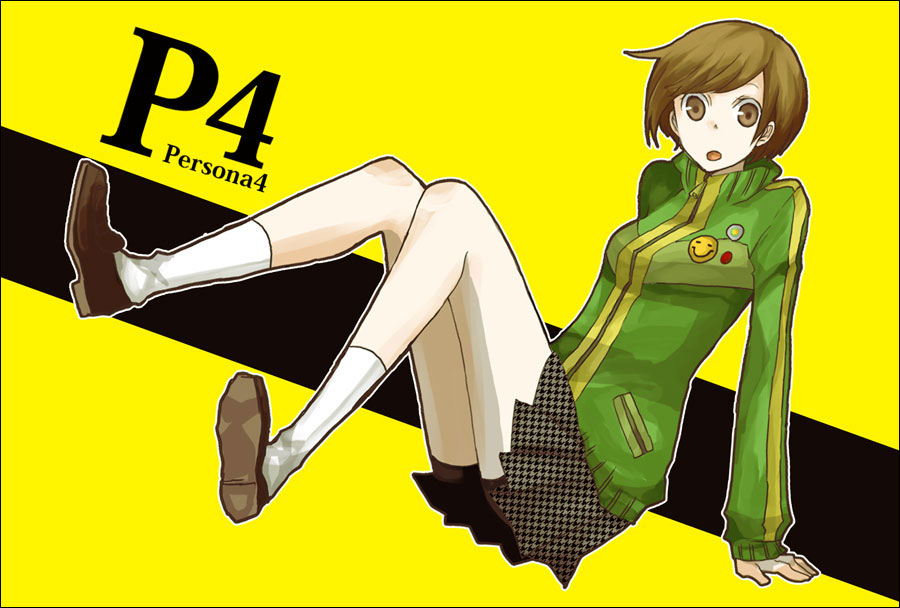 buzz (moi), satonaka chie, atlus, persona, persona 4, bad id, bad pixiv id, 1girl, :o, bike shorts, brown eyes, brown hair, copyright name, female focus, houndstooth, jacket, lapel pin, pleated skirt, short hair, skirt, socks, solo, track jacket, white socks