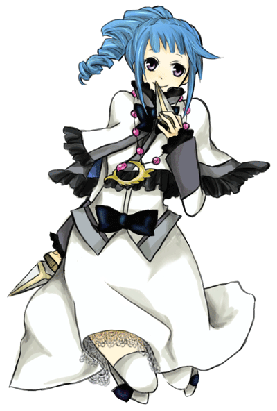 buzz (moi), ange serena, alfa system, tales of (series), tales of innocence, 1girl, blue hair, bow, dress, drill hair, female focus, full body, kunai, purple eyes, skirt, smile, solo, thighhighs, transparent background, waist bow, weapon, white background, white dress