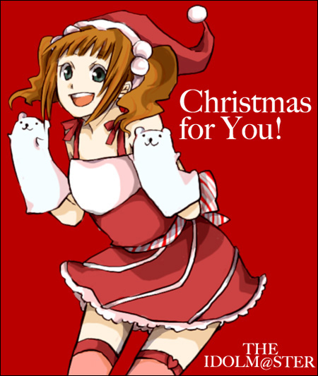buzz (moi), takatsuki yayoi, idolmaster, idolmaster (classic), idolmaster 1, 00s, brown hair, christmas, cute & girly (idolmaster), hand puppet, hat, noel angelic (idolmaster), puppet, red thighhighs, santa costume, santa hat, thighhighs, twintails