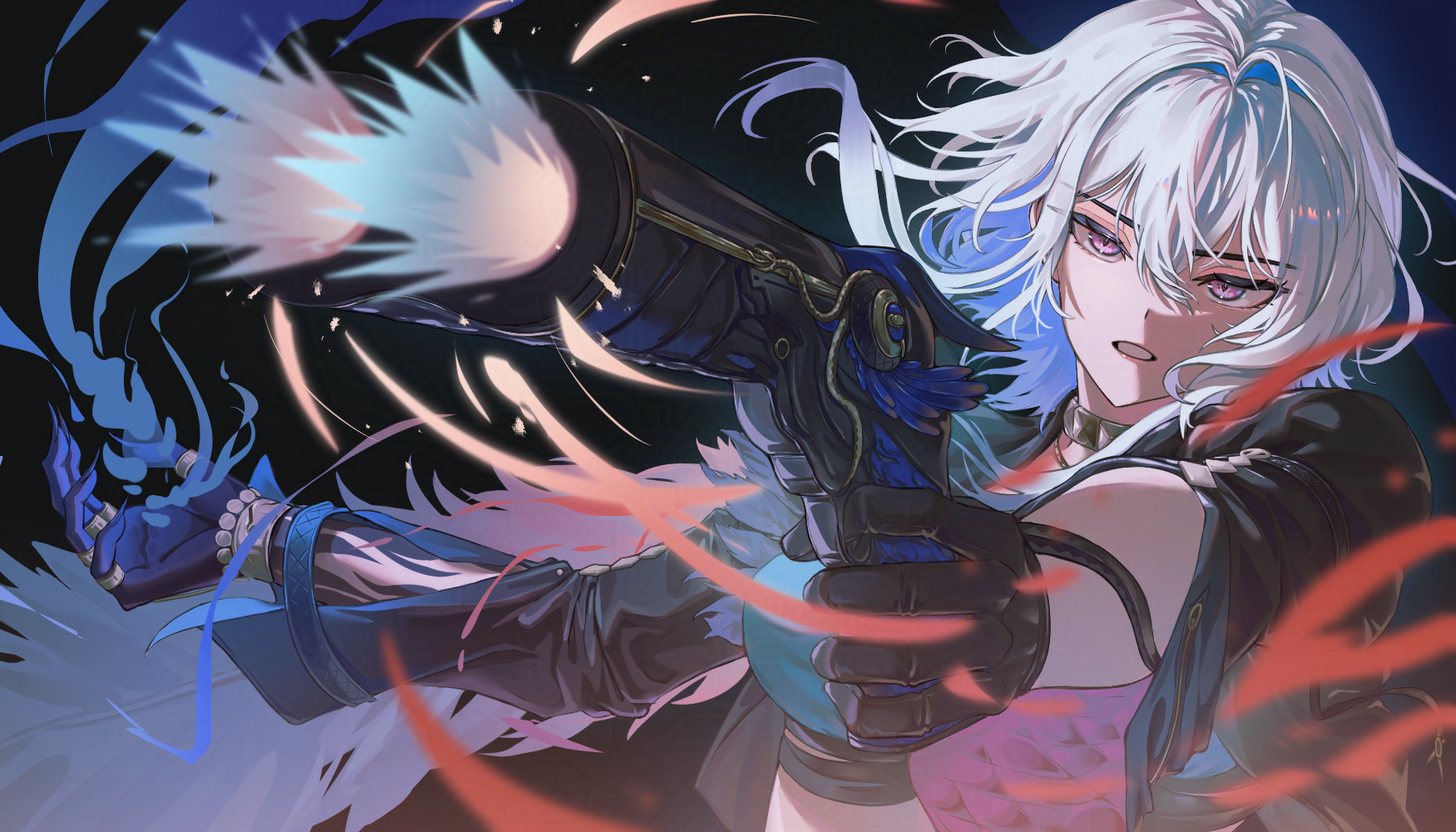 nininininil, galbrena (wuthering waves), wuthering waves, commentary request, highres, partial commentary, 1girl, black gloves, black jacket, blue bra, blue hair, blue hands, bra, breasts, colored inner hair, fingernails, firing, gloves, gold choker, grey hair, gun, hair between eyes, hand up, holding, holding gun, holding weapon, jacket, long fingernails, looking ahead, medium breasts, medium hair, multicolored hair, outstretched arm, parted lips, purple eyes, sharp fingernails, solo, transformation, underwear, upper body, weapon