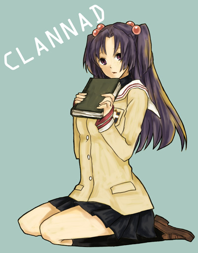 buzz (moi), ichinose kotomi, clannad, 00s, 1girl, female focus, hair bobbles, hair ornament, kneeling, long hair, purple eyes, purple hair, school uniform, serafuku, skirt, socks, solo, two side up