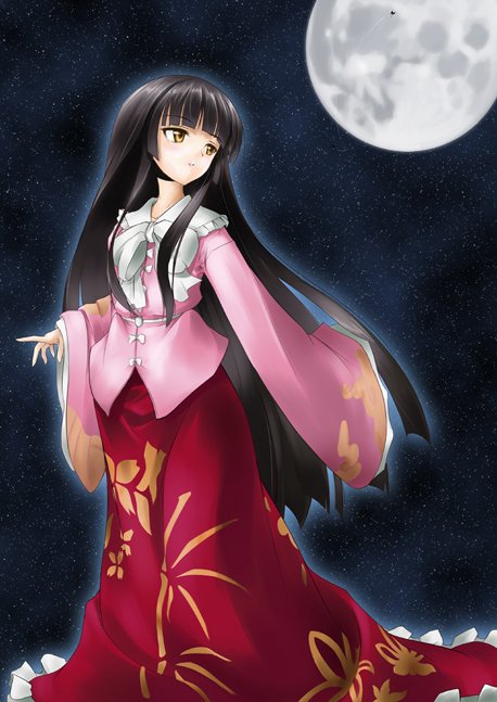 awa yume, houraisan kaguya, touhou, 1girl, animal ears, black hair, blush, bow, hime cut, long hair, long skirt, long sleeves, looking at viewer, moon, night, red eyes, shirt, skirt, solo, very long hair, wide sleeves