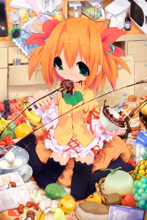 kuroba u, 1girl, banana, black thighhighs, butter, cantaloupe, chocolate, chocolate making, cooking, female focus, food, fruit, grapes, green eyes, licking, melon, mixing bowl, no shoes, orange (fruit), orange hair, pineapple, solo, thighhighs, whisk