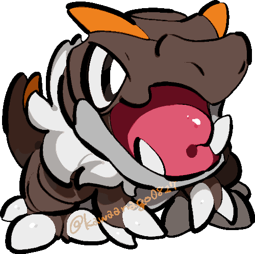 kawaanago, tyrunt, nintendo, pokemon, commentary request, lowres, animal focus, black eyes, bright pupils, chibi, chibi only, fangs, full body, gen 6 pokemon, no humans, nostrils, open mouth, pokemon (creature), pokemon focus, solo, transparent background, twitter username, white pupils