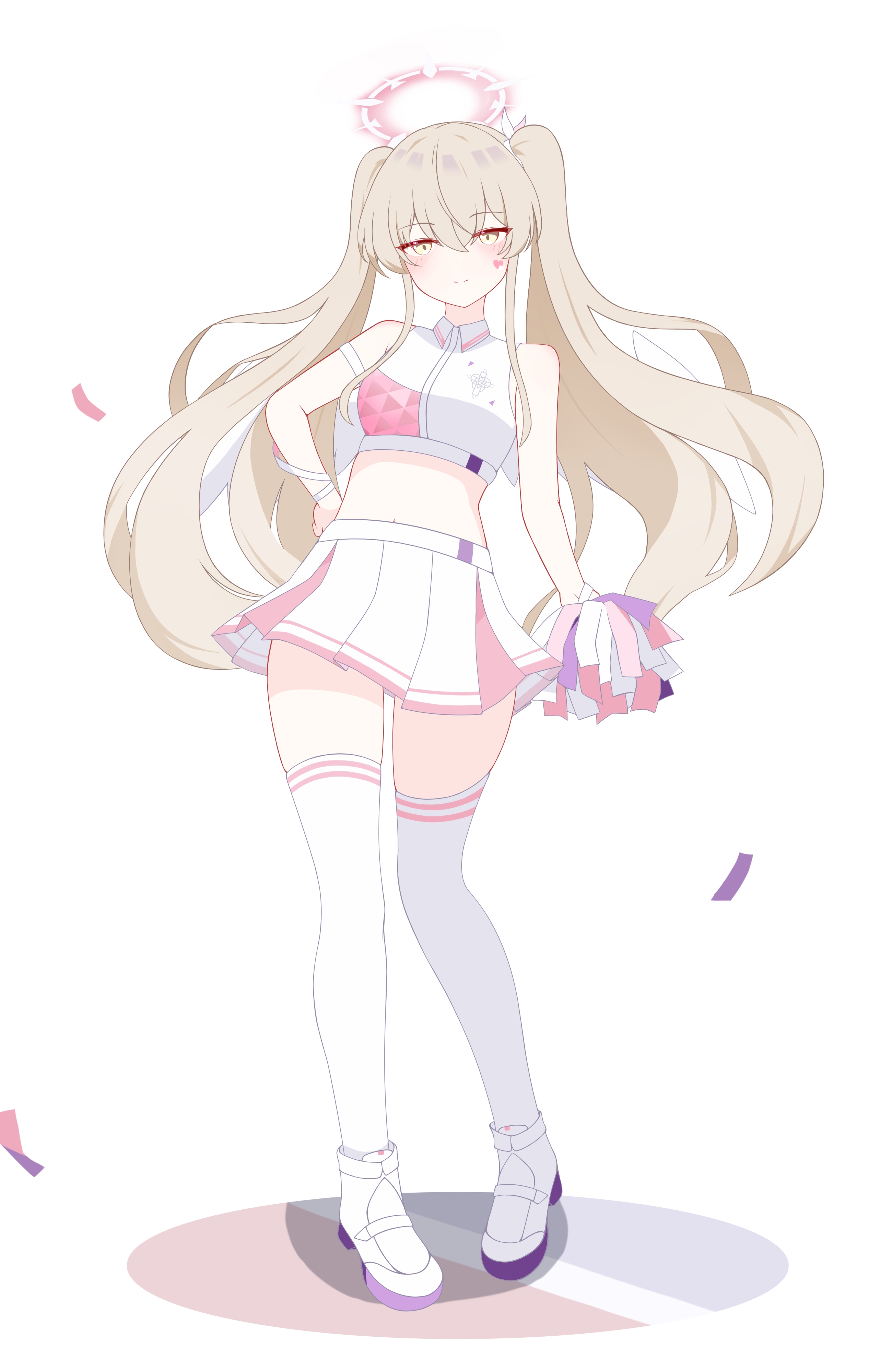 nagisa (blue archive), blue archive, absurdres, commentary request, highres, 1girl, alternate costume, alternate hairstyle, cheerleader, collared shirt, cropped shirt, halo, holding, holding pom poms, looking at viewer, midriff, millennium cheerleader outfit (blue archive), navel peek, pink skirt, pleated skirt, pom pom (cheerleading), pom poms, shirt, skirt, sleeveless, solo, sticker, sticker on face, thighhighs, trinity general school logo, twintails, two-tone skirt, white skirt, white thighhighs, yellow eyes, yuritorikku