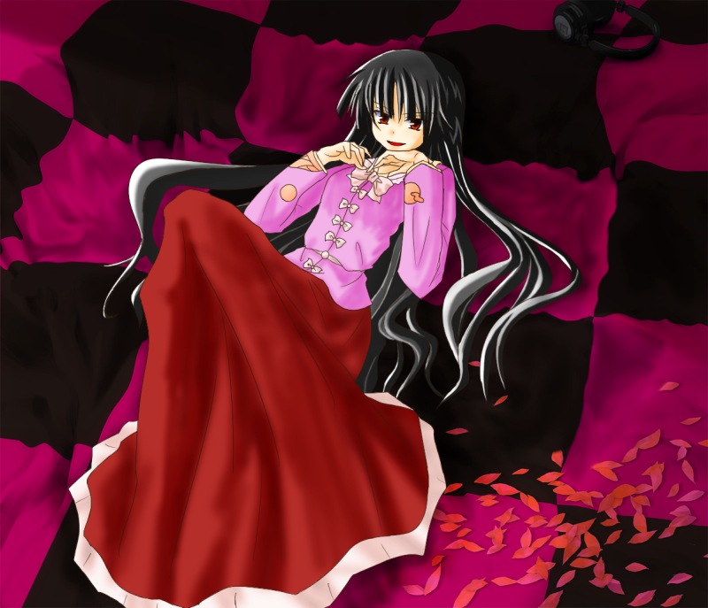 george (shootingstar), houraisan kaguya, touhou, world is mine (vocaloid), 1girl, black hair, hime cut, long hair, long skirt, long sleeves, looking at viewer, open mouth, parody, red eyes, shirt, sitting, skirt, smile, solo, thighhighs, very long hair, zettai ryouiki