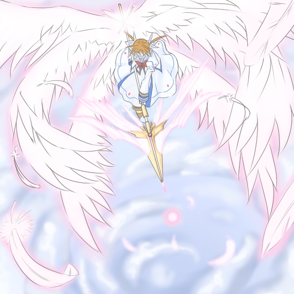 takamachi nanoha, lyrical nanoha, mahou shoujo lyrical nanoha, mahou shoujo lyrical nanoha strikers, silver hair, 00s, 1girl, dress, feathered wings, feathers, female focus, flying, full body, long sleeves, magical girl, multiple wings, solo, twintails, underwear, white dress, white wings, wings
