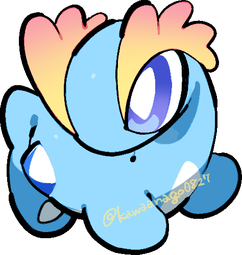 kawaanago, amaura, nintendo, pokemon, commentary request, lowres, animal focus, blue eyes, bright pupils, chibi, chibi only, full body, gen 6 pokemon, no humans, pokemon (creature), pokemon focus, solo, transparent background, twitter username, white pupils