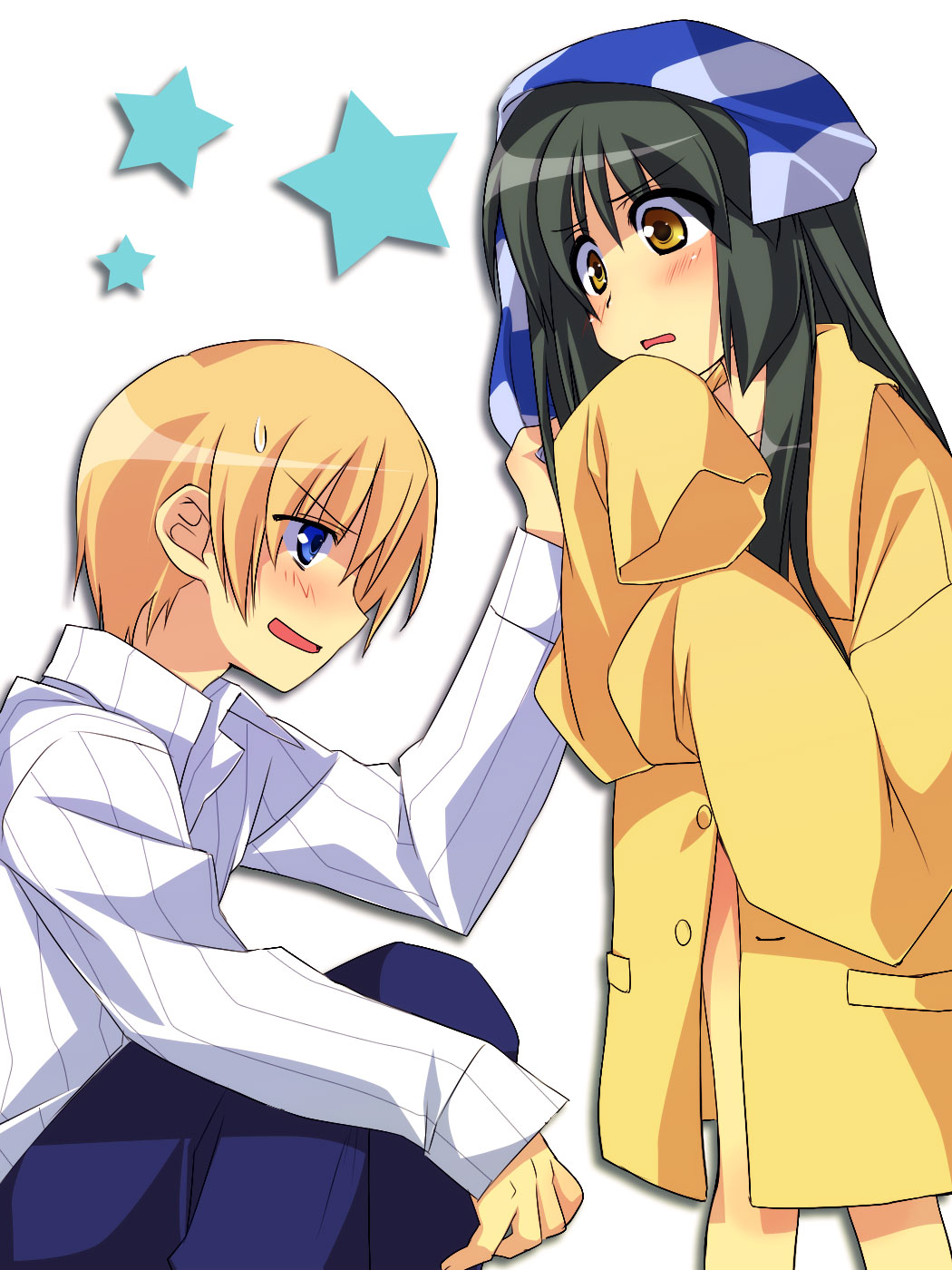 satomi yoshitaka, ibuki fuuko, sunohara youhei, clannad, highres, 00s, 1boy, 1girl, :o, black hair, blonde hair, blue eyes, blush, brown eyes, long hair, long sleeves, open mouth, profile, raincoat, shirt, simple background, squatting, standing, sweatdrop, towel, white background, white shirt, yellow raincoat