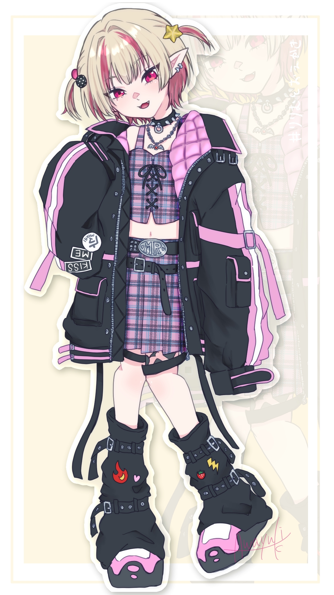 makaino ririmu, nijisanji, highres, 1girl, :3, arm belt, awayukisigure, belt, belt buckle, black belt, black collar, black jacket, black leg warmers, black shoes, black straps, blunt bangs, buckle, chain, chain necklace, clothes writing, collar, colored inner hair, crop top, cross-laced clothes, cross-laced top, ear cuffs, fangs, flame print, food print, fruit print, full body, grey hair, hair bobbles, hair intakes, hair ornament, hand up, heart, heart print, jacket, jewelry, leg belt, leg tattoo, leg warmers, lightning bolt print, looking at viewer, loose belt, makaino ririmu (6th costume), midriff, miniskirt, multicolored hair, multiple belts, navel, necklace, no headwear, open clothes, open jacket, open mouth, outline, pendant, pink belt, pink hair, pink jacket, pink shoes, pink skirt, plaid clothes, plaid skirt, pleated skirt, pointy ears, red eyes, shoes, short hair, signature, skirt, sleeves past fingers, sleeves past wrists, smile, solo, spiked collar, spikes, standing, standing on one leg, star (symbol), strawberry print, streaked hair, studded belt, tattoo, thigh strap, two-sided fabric, two-sided jacket, two side up, unbuttoned, unzipped, virtual youtuber, white background, white outline, white shoes, winged heart, winged heart tattoo, wolf cut, zipper top, zoom layer