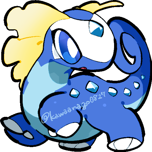 kawaanago, aurorus, nintendo, pokemon, commentary request, lowres, animal focus, blue eyes, bright pupils, chibi, chibi only, full body, gen 6 pokemon, no humans, open mouth, pokemon (creature), pokemon focus, solo, transparent background, twitter username, white pupils