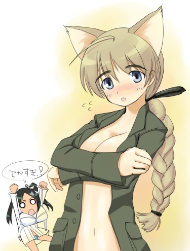 aki426, francesca lucchini, lynette bishop, strike witches, world witches series, breast hold, bad id, bad pixiv id, lowres, translated, 00s, 2girls, animal ears, blue eyes, braid, breasts, cat ears, cleavage, large breasts, multiple girls, open clothes, open shirt, shirt, single braid