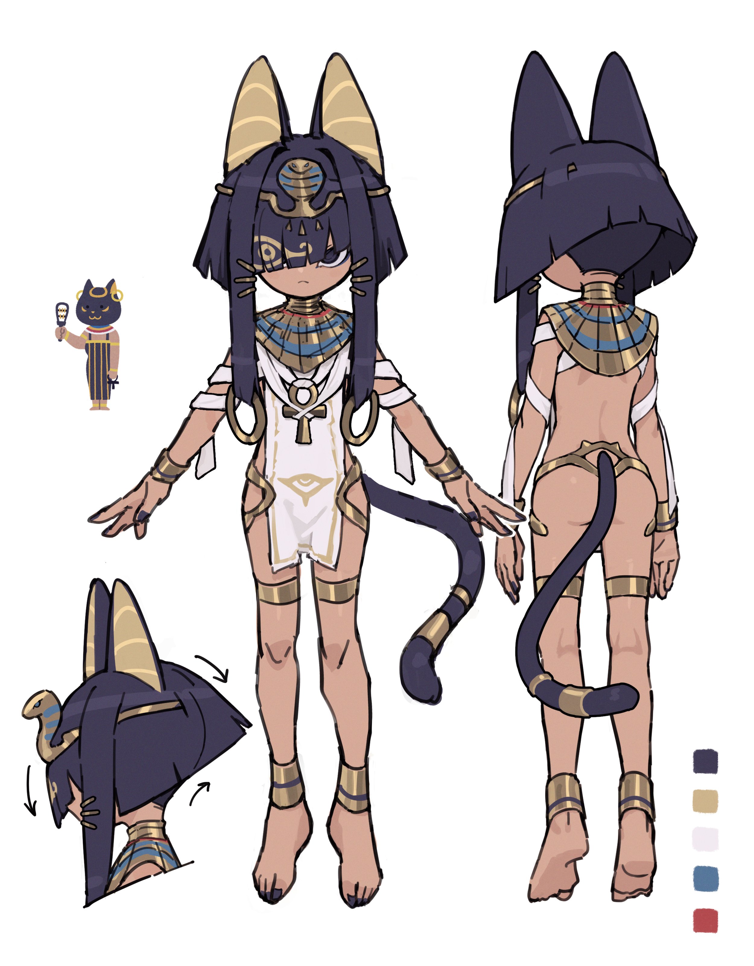 zizi niisan, original, absurdres, highres, 1girl, animal ears, anklet, black eyes, black fur, black hair, black nails, bracelet, cat ears, cat girl, cat tail, closed mouth, dark-skinned female, dark skin, full body, hair over one eye, jewelry, long hair, looking at viewer, reference sheet, sidelocks, simple background, tail, tan, wesekh, white background